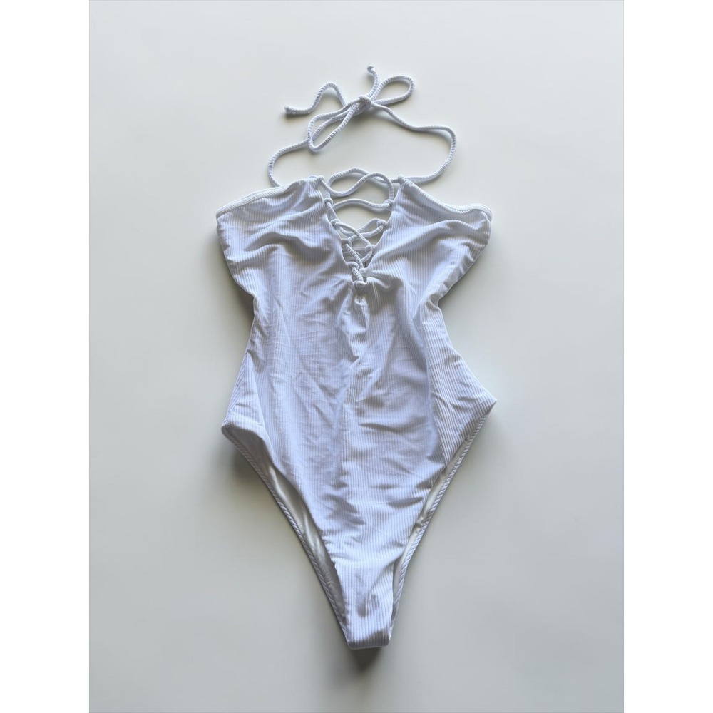 Tobi White Ribbed Lace Up Front One Piece Swimsuit Womens Medium